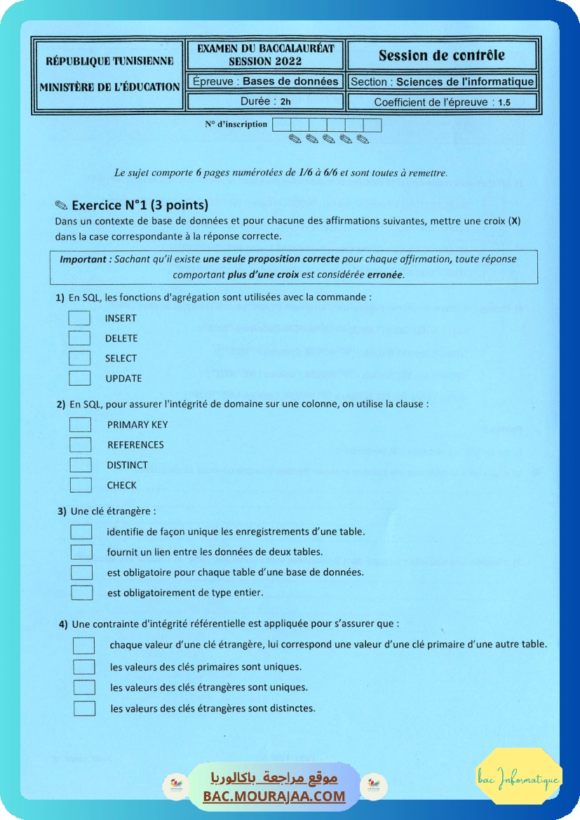 Sujet controle bd Bac 2022 – Section info